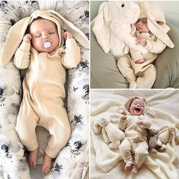 NWT Toddler Bunny Baby Easter Romper Long Ear Rabbit Hoodie Romper Jumpsuit 2-3T - Picture 2 of 9